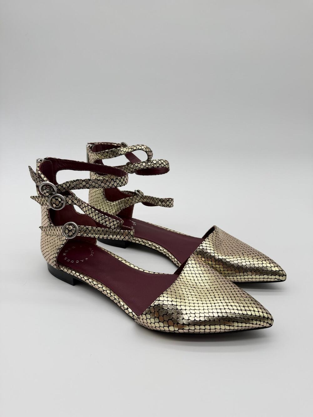 Marc by Marc Jacobs | Minetta Metallic Gold Pointed Toe Ankle Strap Flats 38